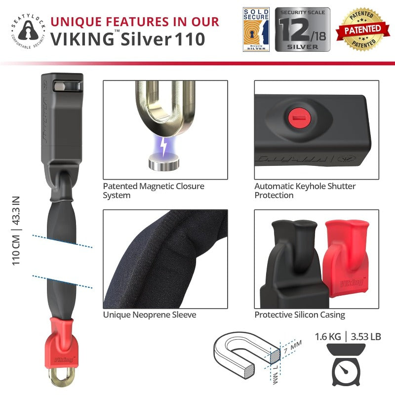 Viking Bike Chain Lock with Key Magnetic Patented Sold Secure Silvery Rated Heavy Duty Anti Theft Smart Ultra Security Bicycle Lock 43.3 Inch, Combination Bike Lock, Heavy Duty Bike Lock Chain, Combination Bike Locks for Bicycles, Bike Lock Alarm