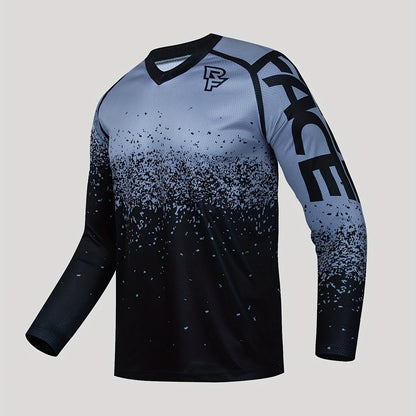 Men'S RF-T3 Geometric Pattern V-Neck Long Sleeve Jersey - Breathable Stretch Fabric for Cycling, Running, Training & Casual Wear - Regular Fit All-Season Athletic Top, Cycling Jersey, Running Apparel, Modern Sports Shirt, Durable Sportswear