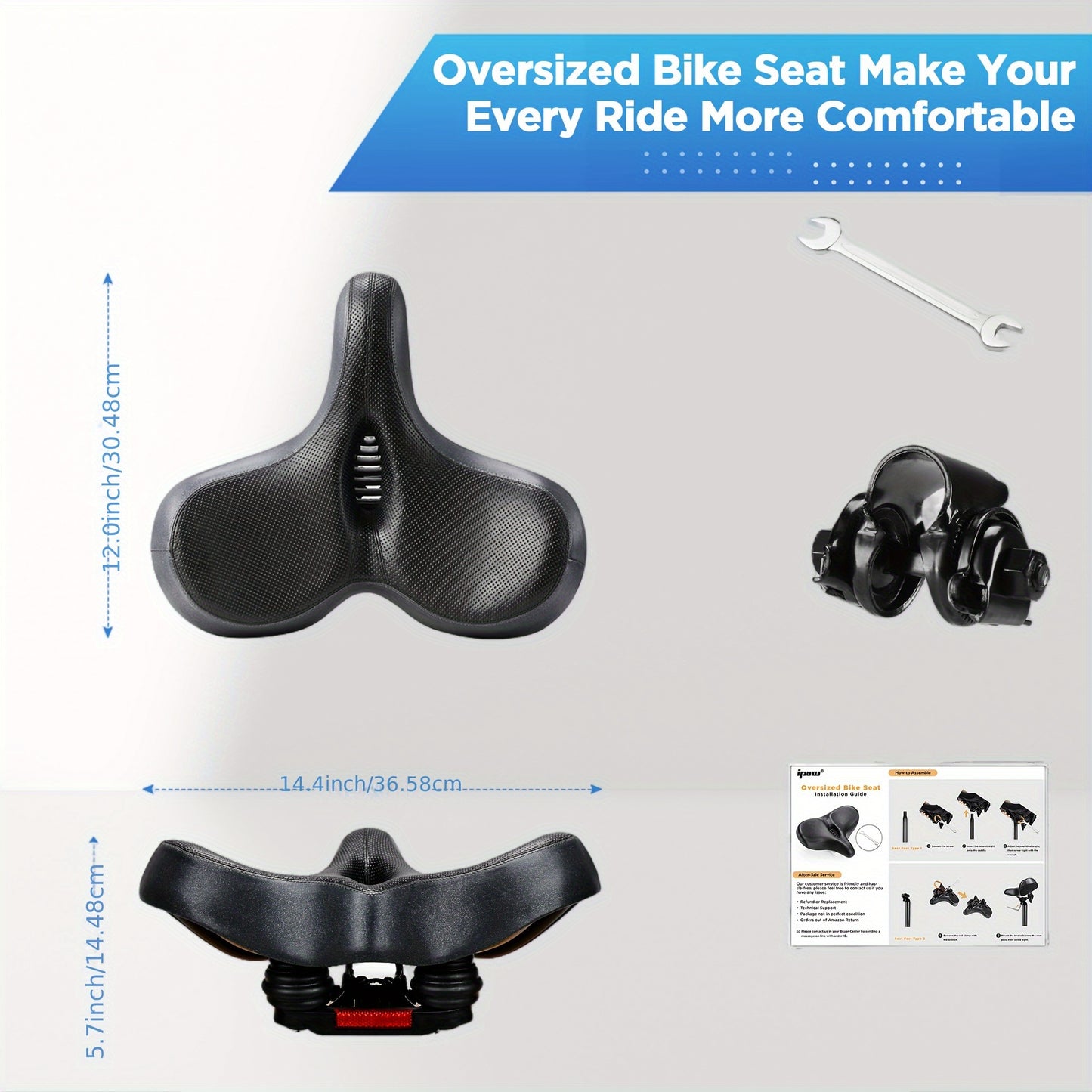 Wide Comfort Bike Saddle for Men & Women, Extra-Large Padded Bicycle Seat with Memory Foam, Compatible with Road Bikes, Indoor Cycles