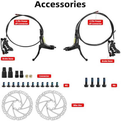 4-Piston Hydraulic Disc Brake Set for E-bike, Mountain Bike, Road Bike | 2-PIN Power-Off Pre-Bled with Mineral Oil, Includes Iron Rotors, Mixed Color