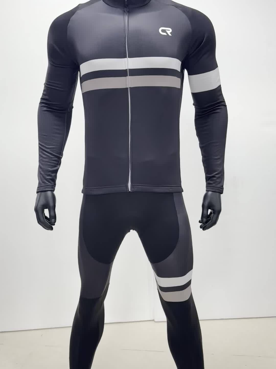 Men's Long-Sleeve Fleece-Lined Warm Cycling Suit Set for Winter, Thickened Mountain and Road Bike Riding Outfit with Shoulder Straps and Pants