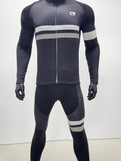 Men's Long-Sleeve Fleece-Lined Warm Cycling Suit Set for Winter, Thickened Mountain and Road Bike Riding Outfit with Shoulder Straps and Pants