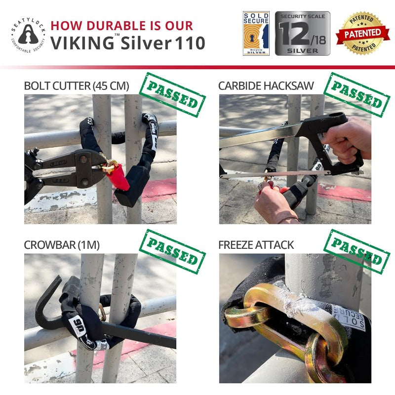 Viking Bike Chain Lock with Key Magnetic Patented Sold Secure Silvery Rated Heavy Duty Anti Theft Smart Ultra Security Bicycle Lock 43.3 Inch, Combination Bike Lock, Heavy Duty Bike Lock Chain, Combination Bike Locks for Bicycles, Bike Lock Alarm