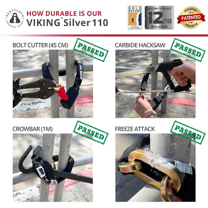 Viking Bike Chain Lock with Key Magnetic Patented Sold Secure Silvery Rated Heavy Duty Anti Theft Smart Ultra Security Bicycle Lock 43.3 Inch, Combination Bike Lock, Heavy Duty Bike Lock Chain, Combination Bike Locks for Bicycles, Bike Lock Alarm