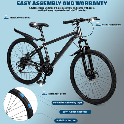 Men'S And Women'S Mountain Bike, 26 Inch Mountain Bike, 21 Speed, High Carbon Steel Frame, Front And Rear Disc Brakes
