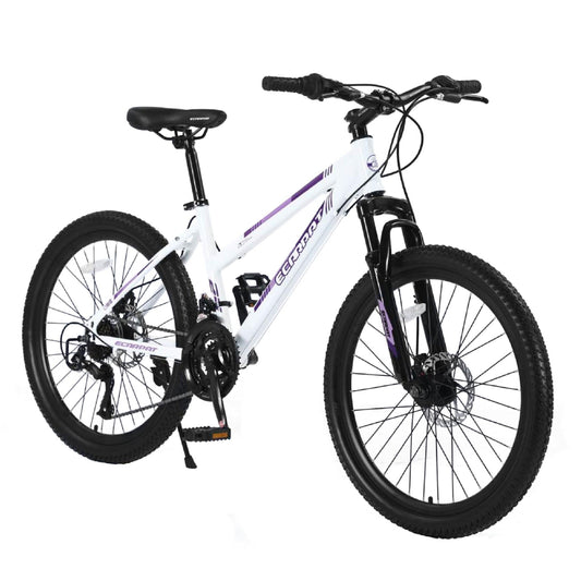 24 Inch Mountain Bike for 21 Speeds with Dual Disc Brakes And 100mm Front Suspension, White\Pink