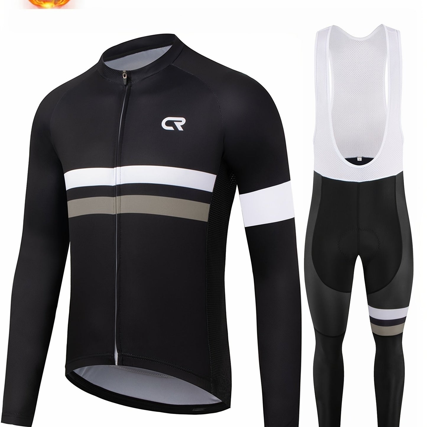 Men's Long-Sleeve Fleece-Lined Warm Cycling Suit Set for Winter, Thickened Mountain and Road Bike Riding Outfit with Shoulder Straps and Pants