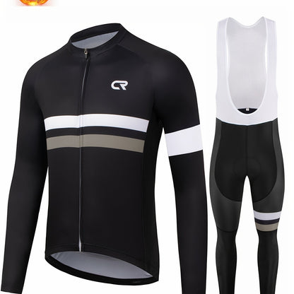 Men's Long-Sleeve Fleece-Lined Warm Cycling Suit Set for Winter, Thickened Mountain and Road Bike Riding Outfit with Shoulder Straps and Pants