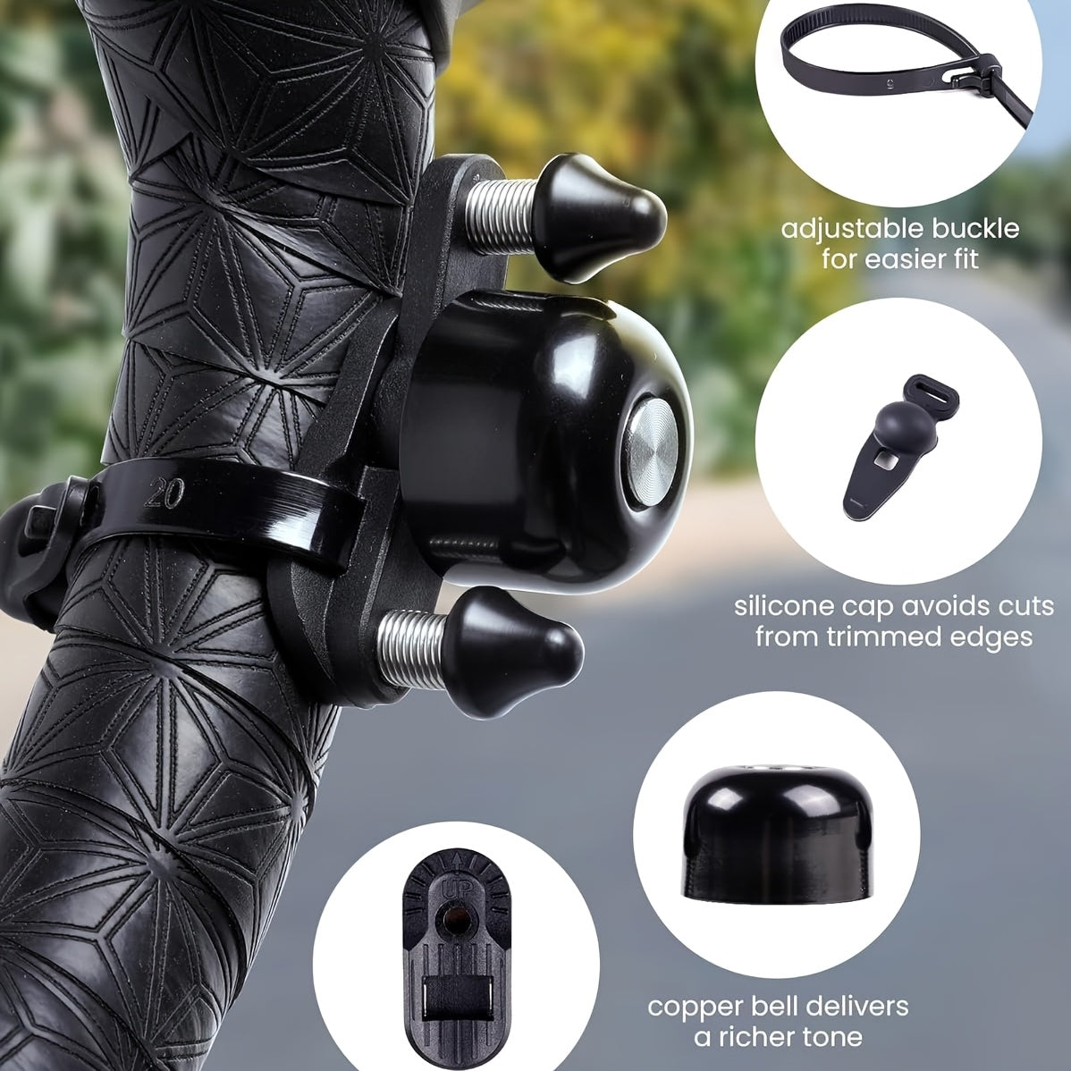 1 Q3 Road Bike Bell | Dual-Hammer Copper Alloy Bicycle Bell for Fit Handlebars up to 47mm, Lightweight, Easy Installation, Modern Style
