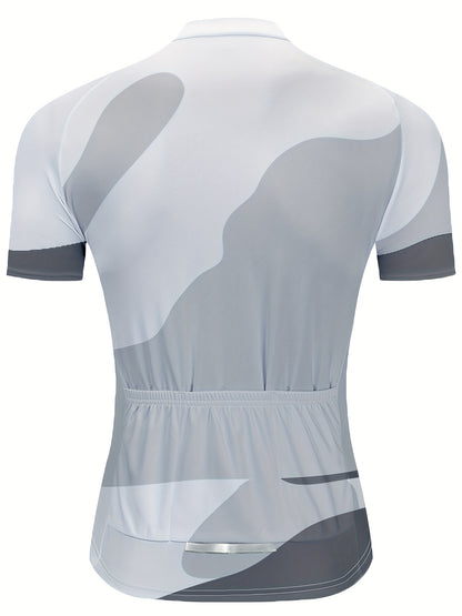 White MOXILYN Men's Quick-Dry Polyester Athletic Cycling Jersey - Short Sleeve, Zip-Up, Breathable with Gray & Black Abstract Design, Perfect for Running, Training & Outdoor Activities