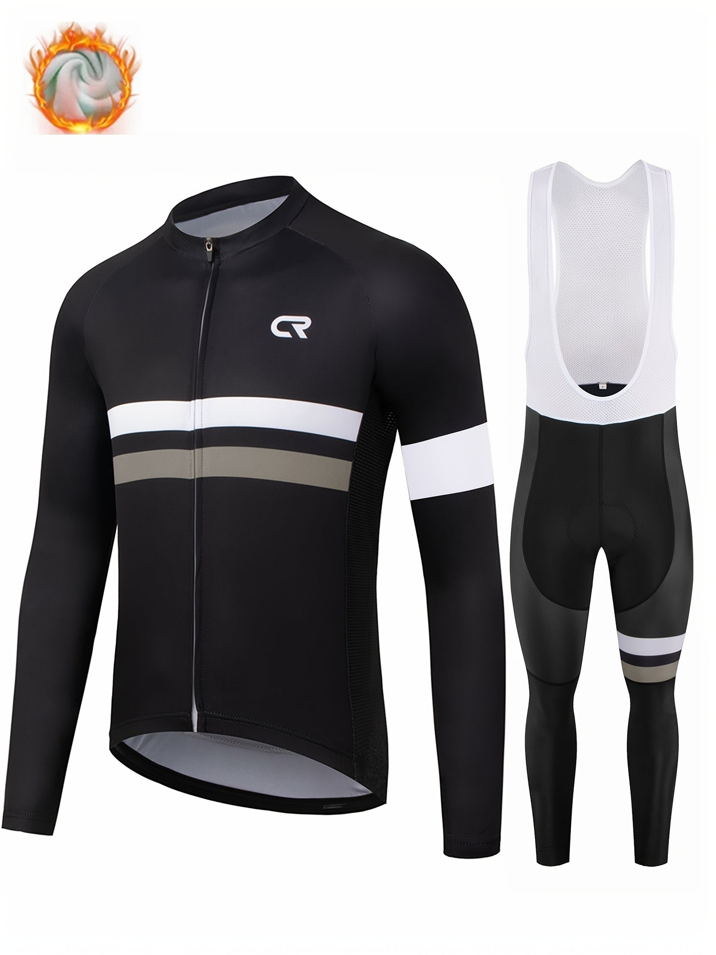 Men's Long-Sleeve Fleece-Lined Warm Cycling Suit Set for Winter, Thickened Mountain and Road Bike Riding Outfit with Shoulder Straps and Pants