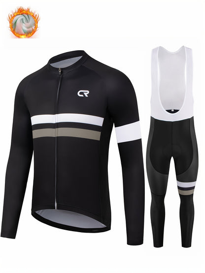 Men's Long-Sleeve Fleece-Lined Warm Cycling Suit Set for Winter, Thickened Mountain and Road Bike Riding Outfit with Shoulder Straps and Pants