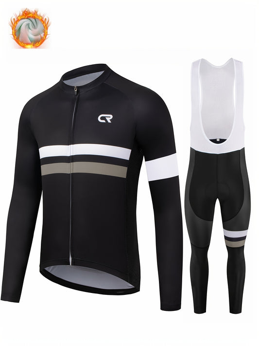Men's Long-Sleeve Fleece-Lined Warm Cycling Suit Set for Winter, Thickened Mountain and Road Bike Riding Outfit with Shoulder Straps and Pants