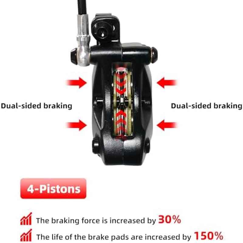 4-Piston Hydraulic Disc Brake Set for E-bike, Mountain Bike, Road Bike | 2-PIN Power-Off Pre-Bled with Mineral Oil, Includes Iron Rotors, Mixed Color
