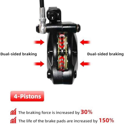 4-Piston Hydraulic Disc Brake Set for E-bike, Mountain Bike, Road Bike | 2-PIN Power-Off Pre-Bled with Mineral Oil, Includes Iron Rotors, Mixed Color