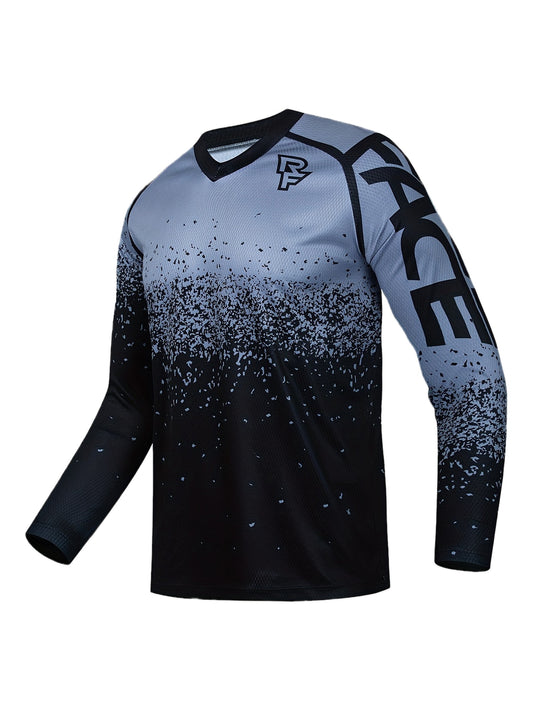 Men'S RF-T3 Geometric Pattern V-Neck Long Sleeve Jersey - Breathable Stretch Fabric for Cycling, Running, Training & Casual Wear - Regular Fit All-Season Athletic Top, Cycling Jersey, Running Apparel, Modern Sports Shirt, Durable Sportswear