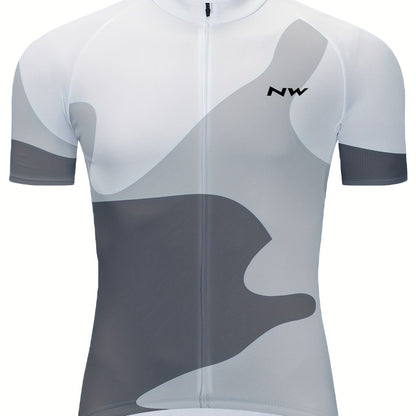 White MOXILYN Men's Quick-Dry Polyester Athletic Cycling Jersey - Short Sleeve, Zip-Up, Breathable with Gray & Black Abstract Design, Perfect for Running, Training & Outdoor Activities