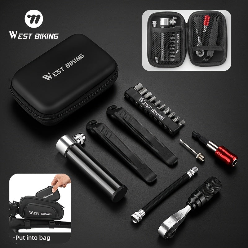 WEST BIKING 17-in-1 Bicycle Repair Tool Set | Includes Impact-Resistant Tool Set, Tire Pump, Bike Stand Accessories, Ergonomic Handle, Heavy Duty Carrying Case - Suitable for Road, Mountain, BMX, Folding Bikes - Aluminum Alloy