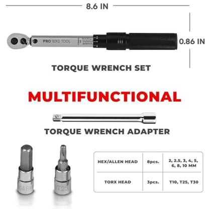 1 4 Inch Drive Click Bicycle Torque Wrench Set 2 to 20 Nm Maintenance Kit for Road and Mountain Bikes Includes Allen and Torx Screws Extension Bar and Storage Box ISO Certified