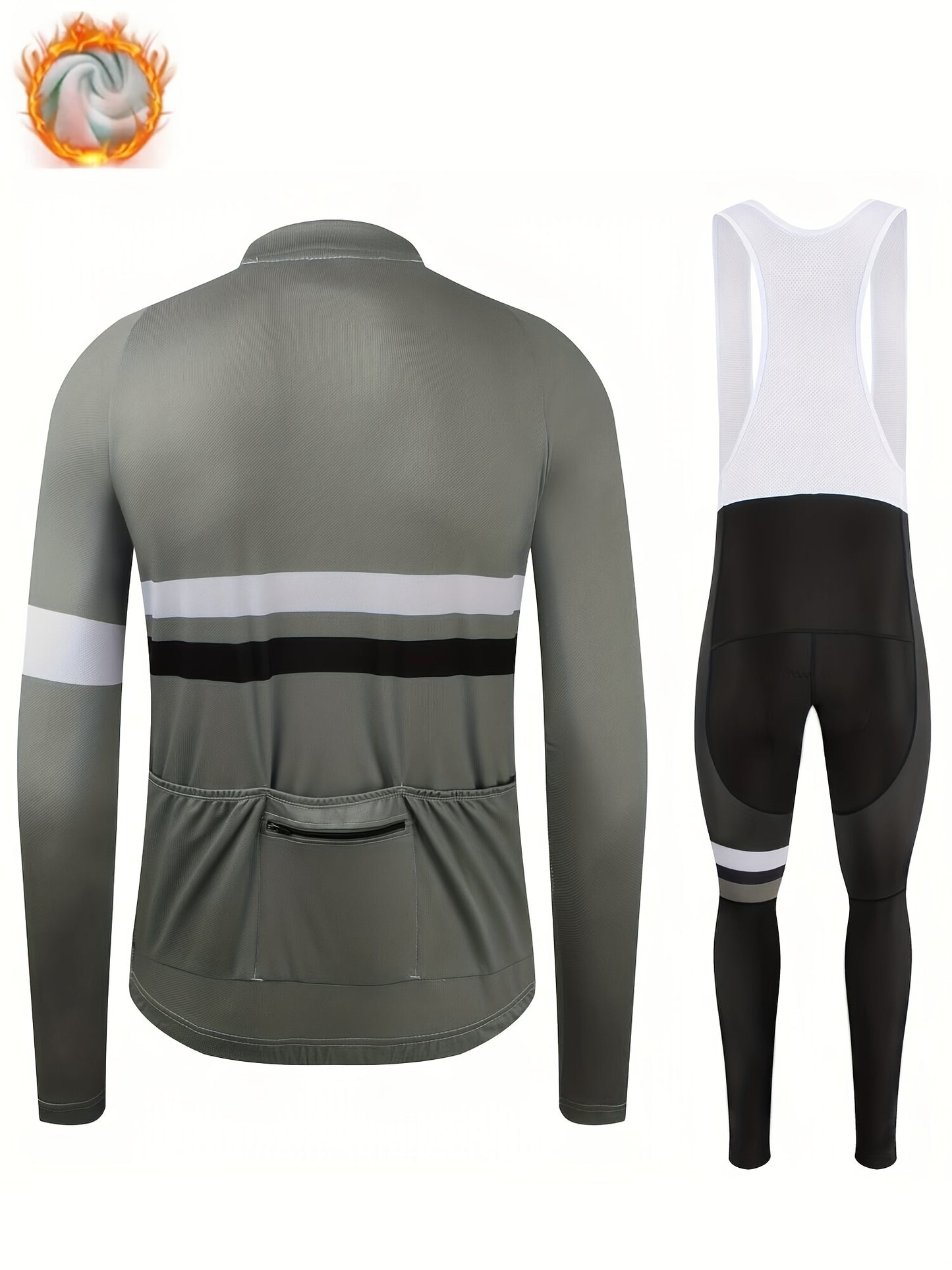 Men's Long-Sleeve Fleece-Lined Warm Cycling Suit Set for Winter, Thickened Mountain and Road Bike Riding Outfit with Shoulder Straps and Pants