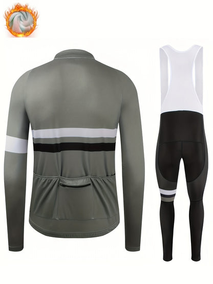Men's Long-Sleeve Fleece-Lined Warm Cycling Suit Set for Winter, Thickened Mountain and Road Bike Riding Outfit with Shoulder Straps and Pants