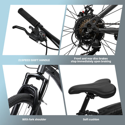 Men'S And Women'S Mountain Bike, 26 Inch Mountain Bike, 21 Speed, High Carbon Steel Frame, Front And Rear Disc Brakes