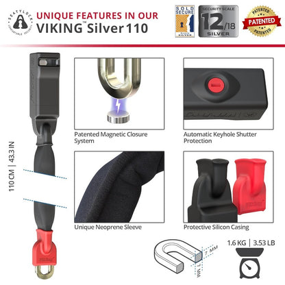 Viking Bike Chain Lock with Key Magnetic Patented Sold Secure Silvery Rated Heavy Duty Anti Theft Smart Ultra Security Bicycle Lock 43.3 Inch, Combination Bike Lock, Heavy Duty Bike Lock Chain, Combination Bike Locks for Bicycles, Bike Lock Alarm