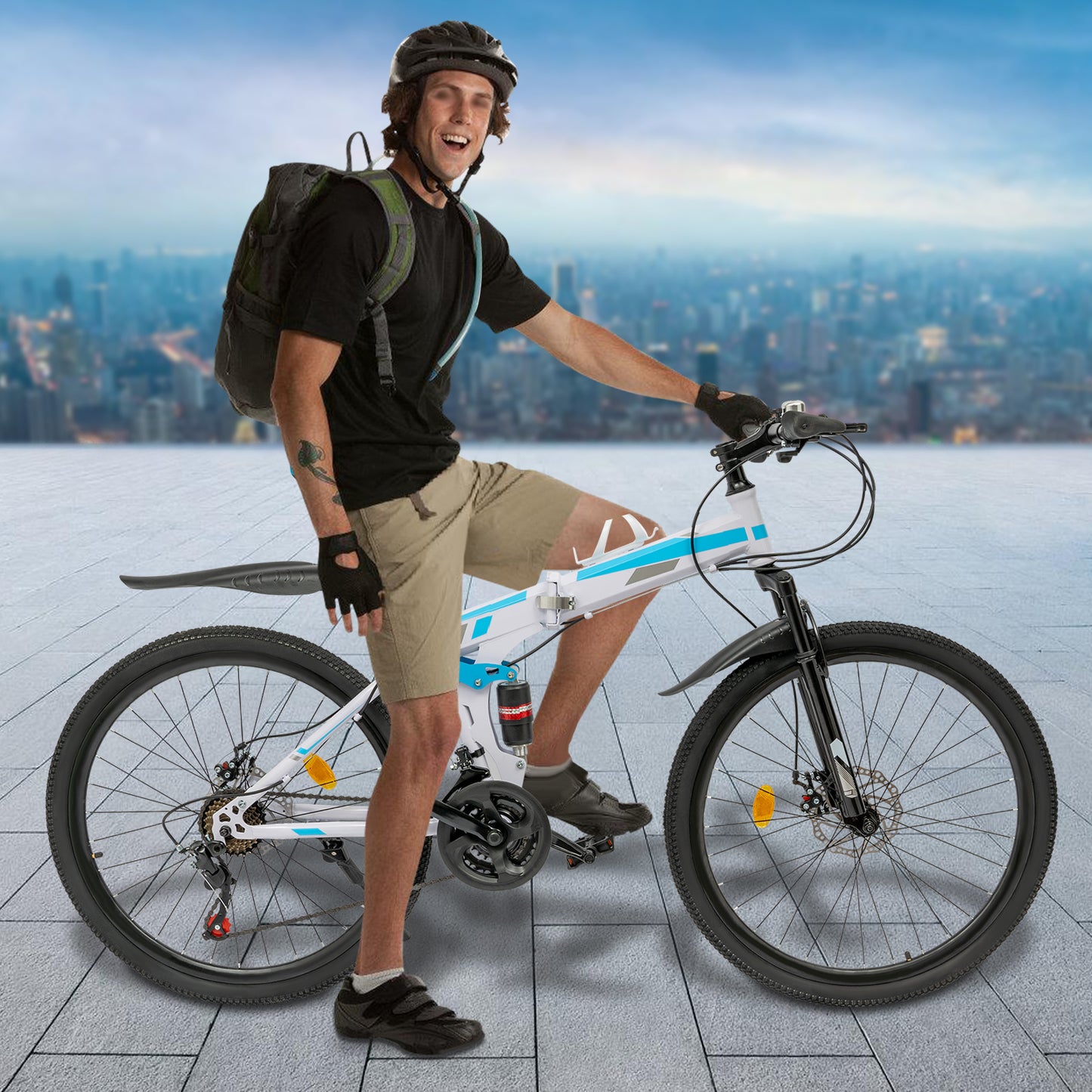 Foldable Mountain Bike, Youth Mountain Bike, Mechanical Disc Brake Mountain Bike, Blue & White