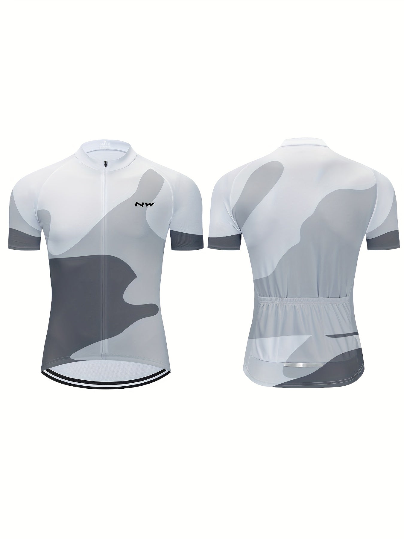 White MOXILYN Men's Quick-Dry Polyester Athletic Cycling Jersey - Short Sleeve, Zip-Up, Breathable with Gray & Black Abstract Design, Perfect for Running, Training & Outdoor Activities