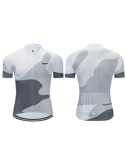 White MOXILYN Men's Quick-Dry Polyester Athletic Cycling Jersey - Short Sleeve, Zip-Up, Breathable with Gray & Black Abstract Design, Perfect for Running, Training & Outdoor Activities