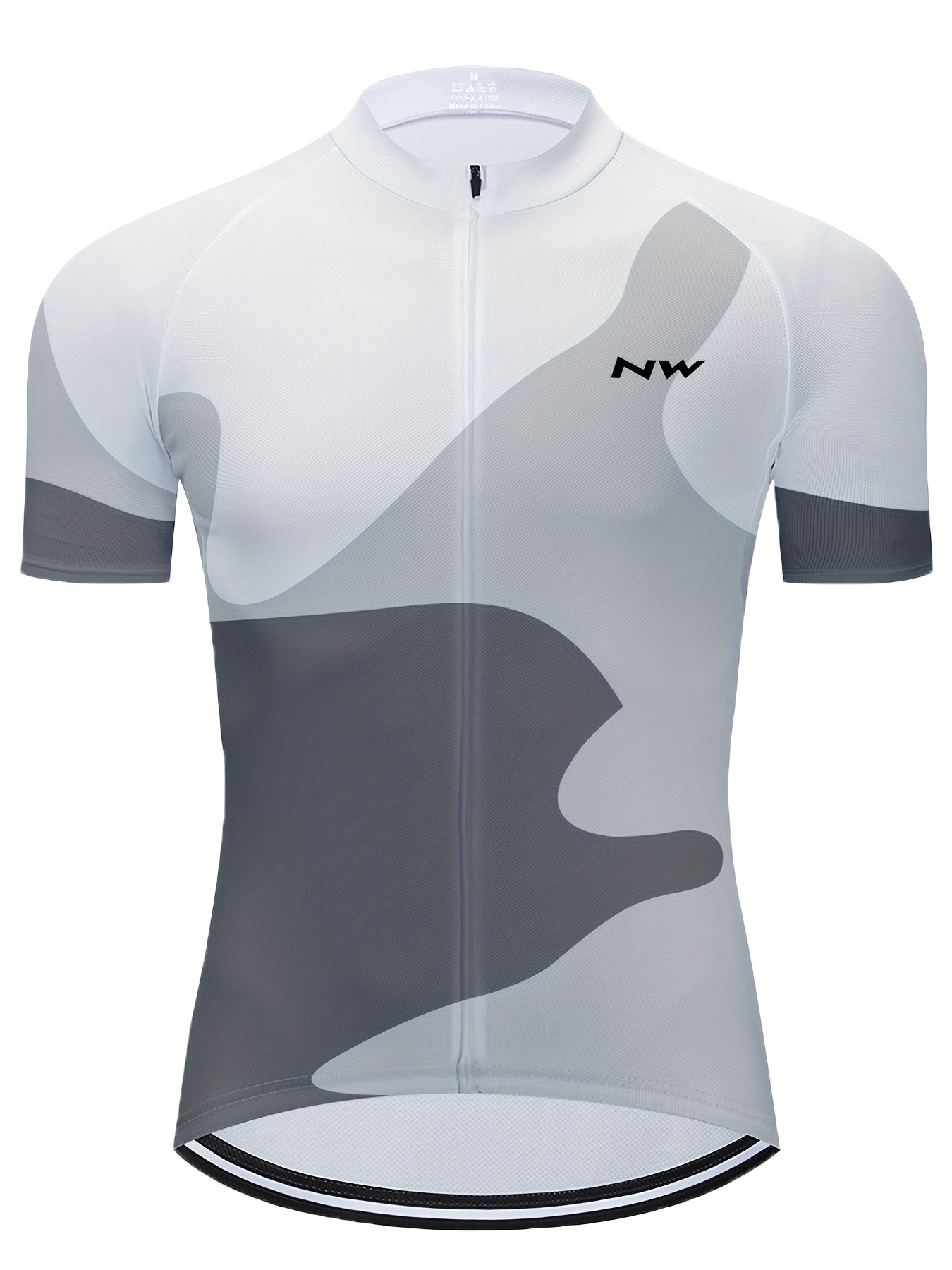 White MOXILYN Men's Quick-Dry Polyester Athletic Cycling Jersey - Short Sleeve, Zip-Up, Breathable with Gray & Black Abstract Design, Perfect for Running, Training & Outdoor Activities