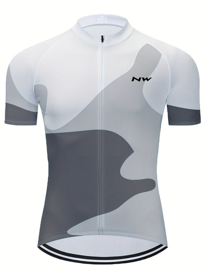 White MOXILYN Men's Quick-Dry Polyester Athletic Cycling Jersey - Short Sleeve, Zip-Up, Breathable with Gray & Black Abstract Design, Perfect for Running, Training & Outdoor Activities