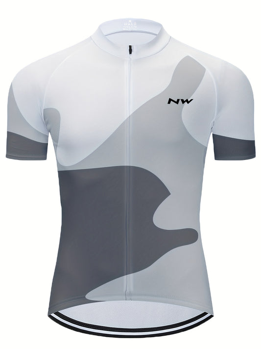 White MOXILYN Men's Quick-Dry Polyester Athletic Cycling Jersey - Short Sleeve, Zip-Up, Breathable with Gray & Black Abstract Design, Perfect for Running, Training & Outdoor Activities