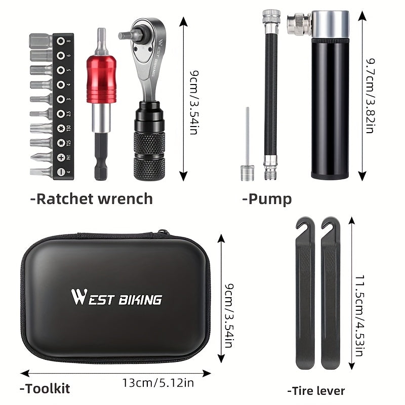 WEST BIKING 17-in-1 Bicycle Repair Tool Set | Includes Impact-Resistant Tool Set, Tire Pump, Bike Stand Accessories, Ergonomic Handle, Heavy Duty Carrying Case - Suitable for Road, Mountain, BMX, Folding Bikes - Aluminum Alloy