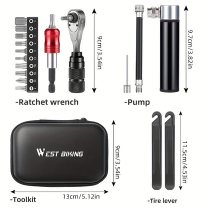 WEST BIKING 17-in-1 Bicycle Repair Tool Set | Includes Impact-Resistant Tool Set, Tire Pump, Bike Stand Accessories, Ergonomic Handle, Heavy Duty Carrying Case - Suitable for Road, Mountain, BMX, Folding Bikes - Aluminum Alloy