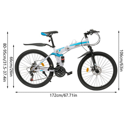 Foldable Mountain Bike, Youth Mountain Bike, Mechanical Disc Brake Mountain Bike, Blue & White