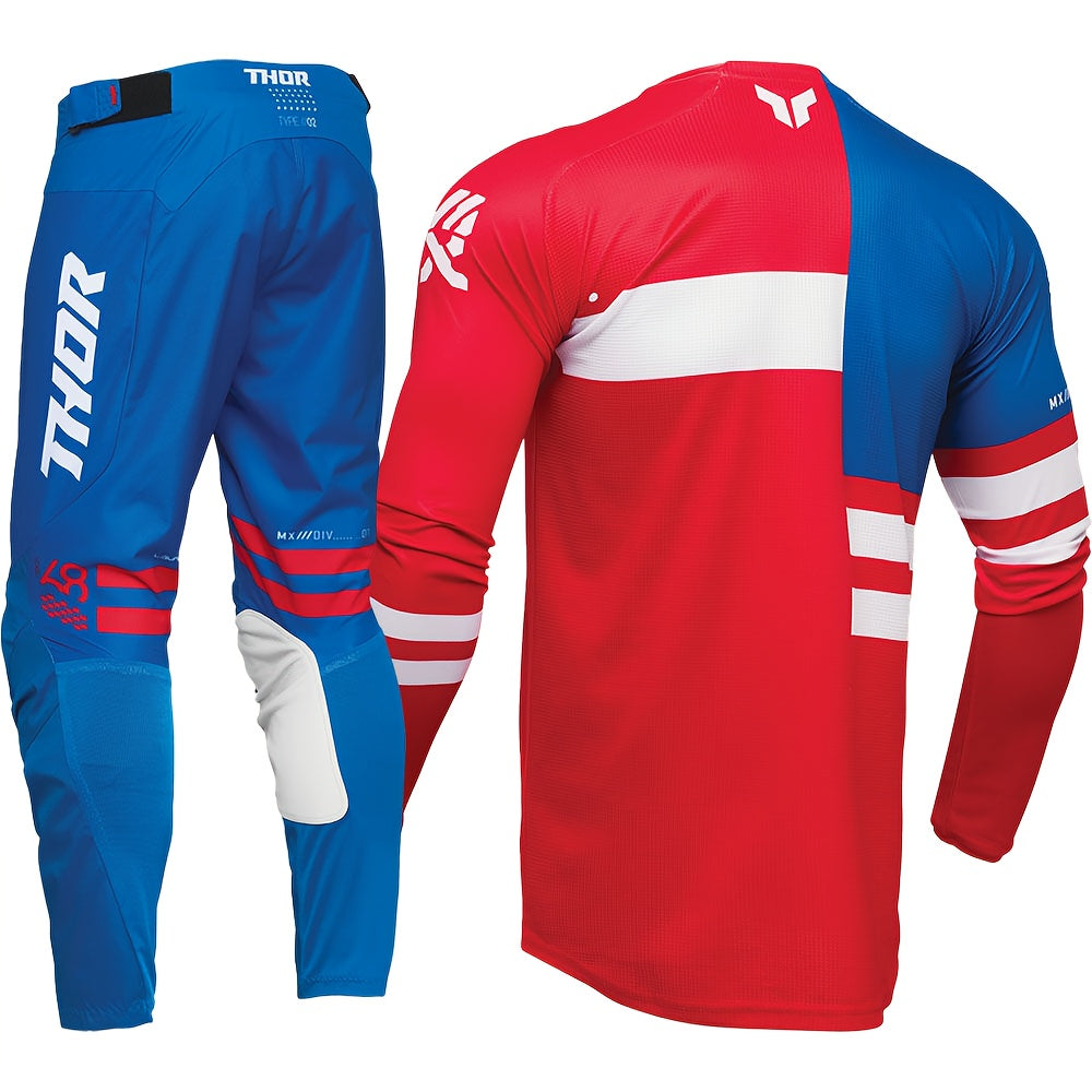 2025 New Red And Blue Off-Road Motorcycle Riding Suit, Suitable for Mountain Biking And Racing, Unisex, Four-Season Long Sleeve And Long Pants Combination Gear.