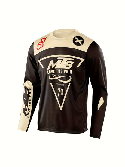 Men'S Quick-Dry Moisture-Wicking Long Sleeve Cycling Jersey - Thermal Insulation for Cold Weather, Mountain Bike Racing Suit with Geometric Pattern, Non-Stretch Fabric, Round Neck, Regular Fit, Ideal for Autumn, Casual Style