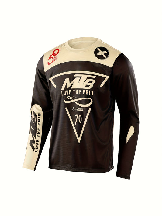 Men'S Quick-Dry Moisture-Wicking Long Sleeve Cycling Jersey - Thermal Insulation for Cold Weather, Mountain Bike Racing Suit with Geometric Pattern, Non-Stretch Fabric, Round Neck, Regular Fit, Ideal for Autumn, Casual Style