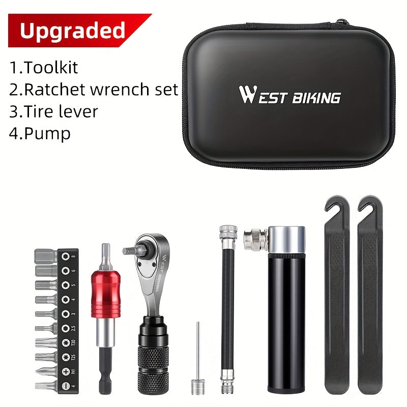 WEST BIKING 17-in-1 Bicycle Repair Tool Set | Includes Impact-Resistant Tool Set, Tire Pump, Bike Stand Accessories, Ergonomic Handle, Heavy Duty Carrying Case - Suitable for Road, Mountain, BMX, Folding Bikes - Aluminum Alloy