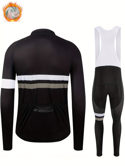 Men's Long-Sleeve Fleece-Lined Warm Cycling Suit Set for Winter, Thickened Mountain and Road Bike Riding Outfit with Shoulder Straps and Pants