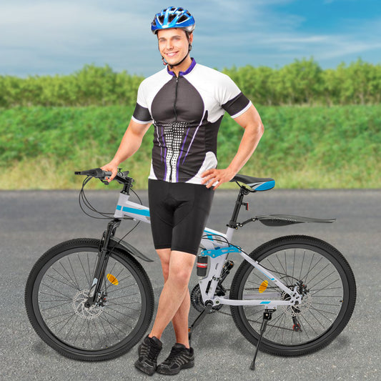 Foldable Mountain Bike, Youth Mountain Bike, Mechanical Disc Brake Mountain Bike, Blue & White
