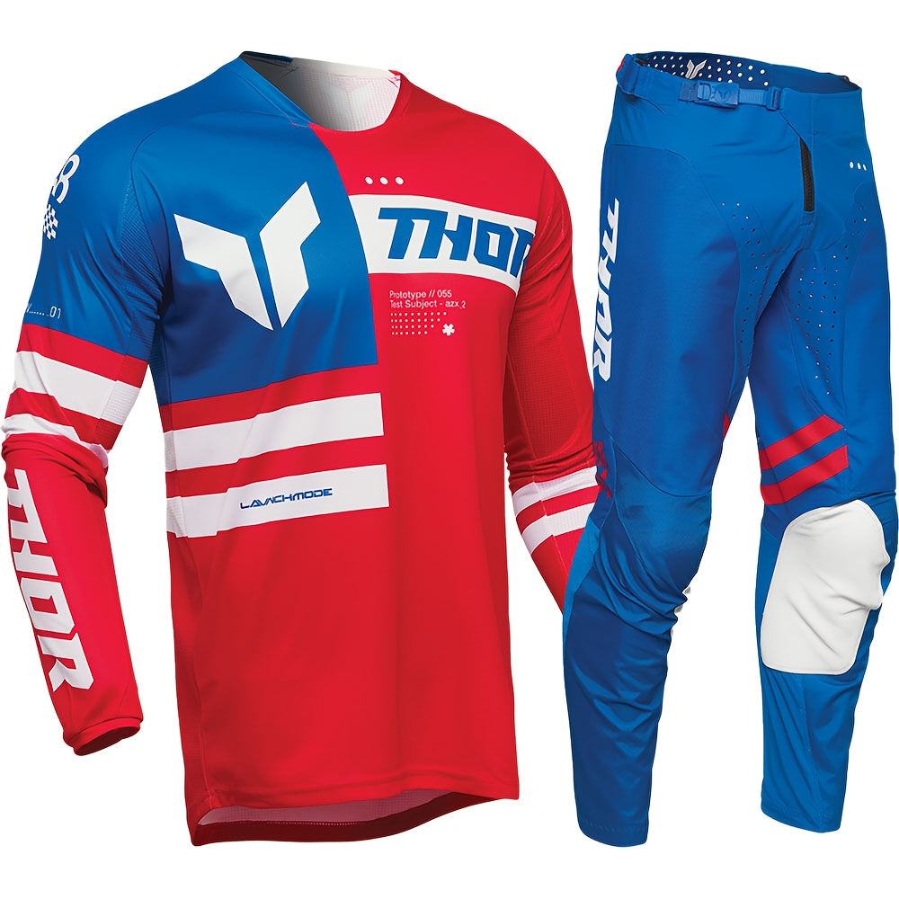 2025 New Red And Blue Off-Road Motorcycle Riding Suit, Suitable for Mountain Biking And Racing, Unisex, Four-Season Long Sleeve And Long Pants Combination Gear.
