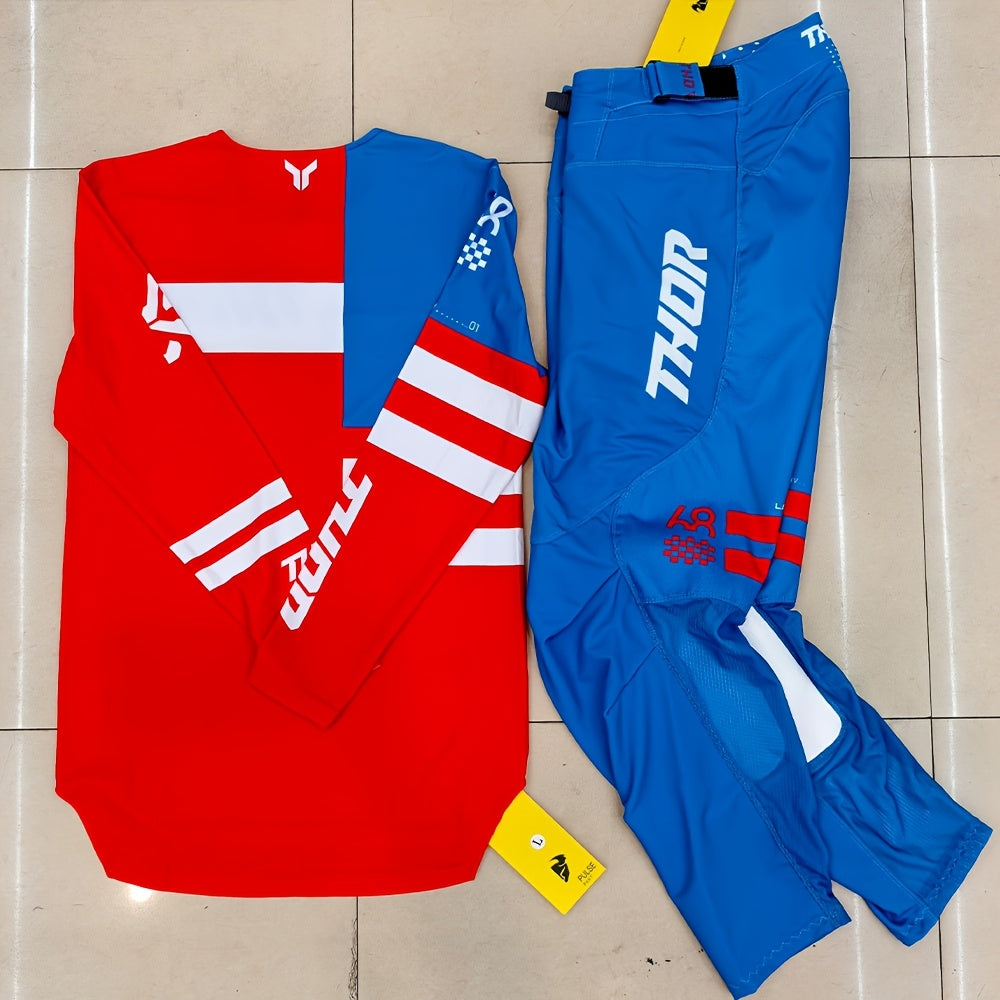 2025 New Red And Blue Off-Road Motorcycle Riding Suit, Suitable for Mountain Biking And Racing, Unisex, Four-Season Long Sleeve And Long Pants Combination Gear.