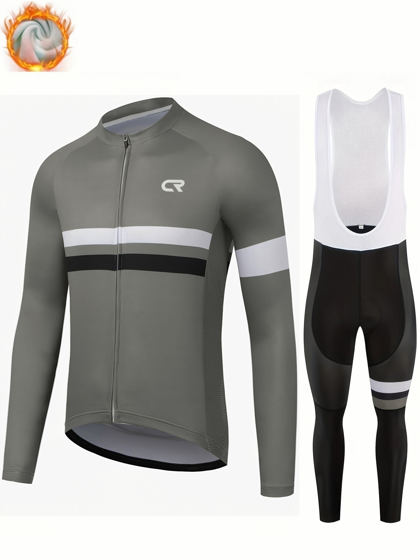 Men's Long-Sleeve Fleece-Lined Warm Cycling Suit Set for Winter, Thickened Mountain and Road Bike Riding Outfit with Shoulder Straps and Pants