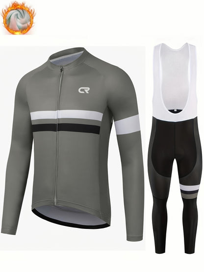 Men's Long-Sleeve Fleece-Lined Warm Cycling Suit Set for Winter, Thickened Mountain and Road Bike Riding Outfit with Shoulder Straps and Pants