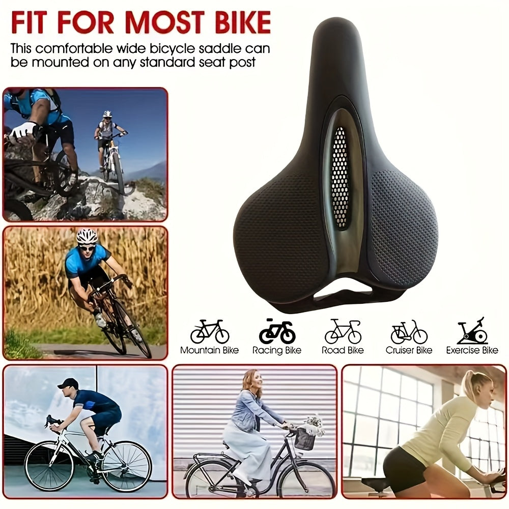 1pc Heavy-Duty Rubber Saddle - Wide Large Hole Cushioned Bicycle Seat for &, Mountain\Road Bikes, Black - Long-Lasting Cushioning, Saddle (Easy Installation)