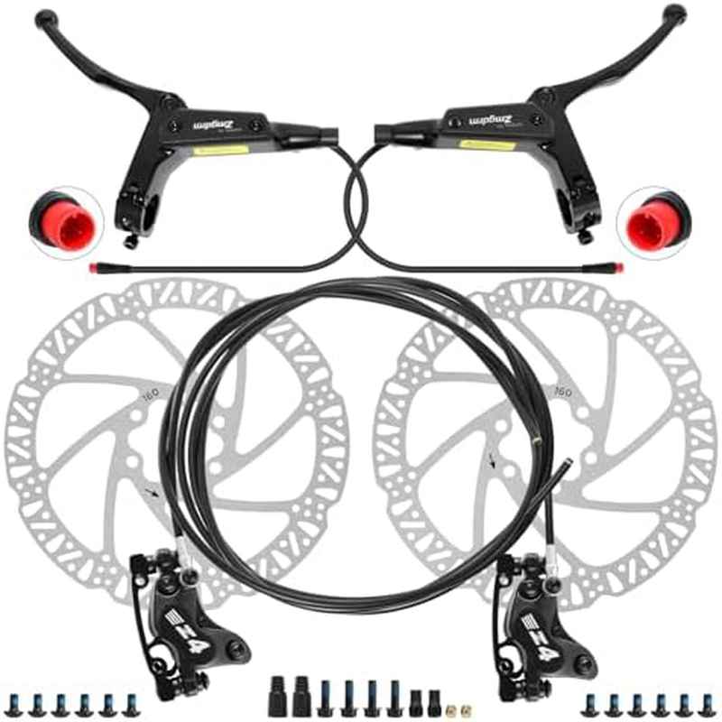 4-Piston Hydraulic Disc Brake Set for E-bike, Mountain Bike, Road Bike | 2-PIN Power-Off Pre-Bled with Mineral Oil, Includes Iron Rotors, Mixed Color