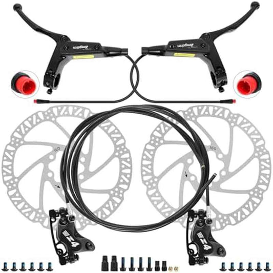 4-Piston Hydraulic Disc Brake Set for E-bike, Mountain Bike, Road Bike | 2-PIN Power-Off Pre-Bled with Mineral Oil, Includes Iron Rotors, Mixed Color