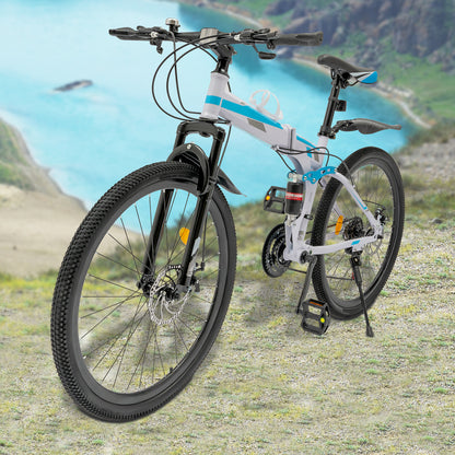 Foldable Mountain Bike, Youth Mountain Bike, Mechanical Disc Brake Mountain Bike, Blue & White